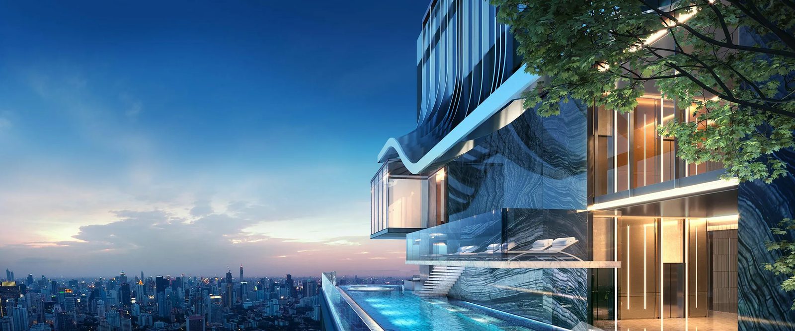 Park Origin Thonglor — sky terrace with a pool above the Bangkok skyline