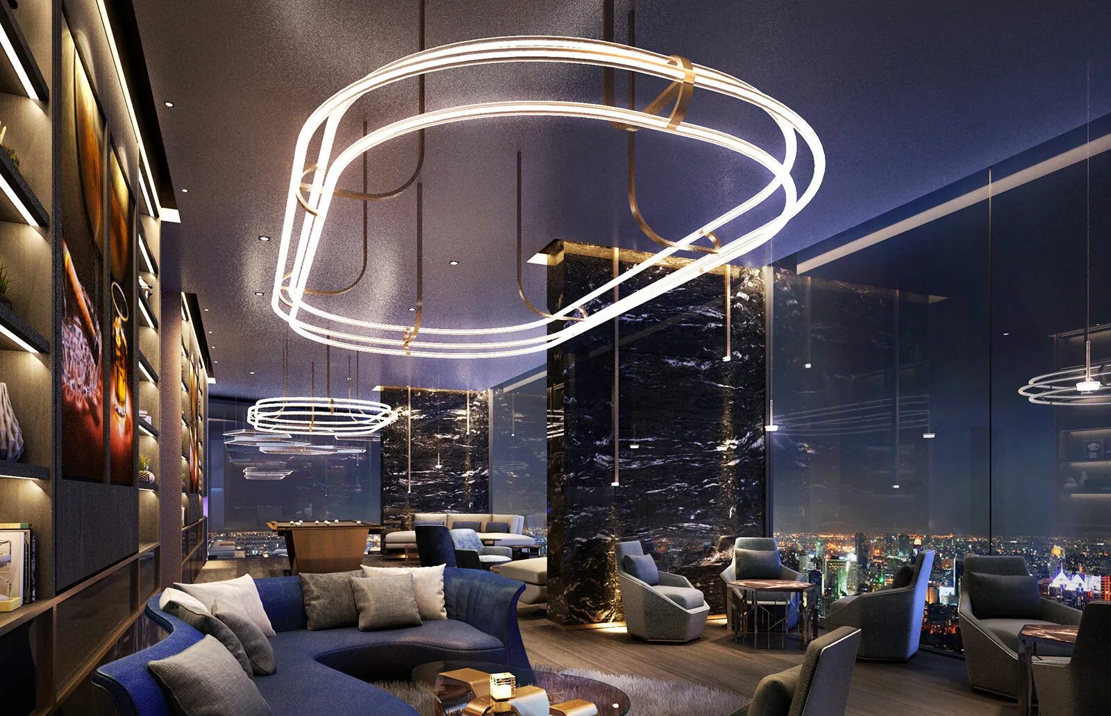 Park Origin Thonglor — residents' lounge with a designer chandelier